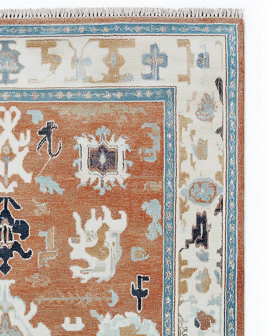 Terracotta Oushak rug with hand-tufted wool, geometric Southwestern boho design in warm rust and navy tones