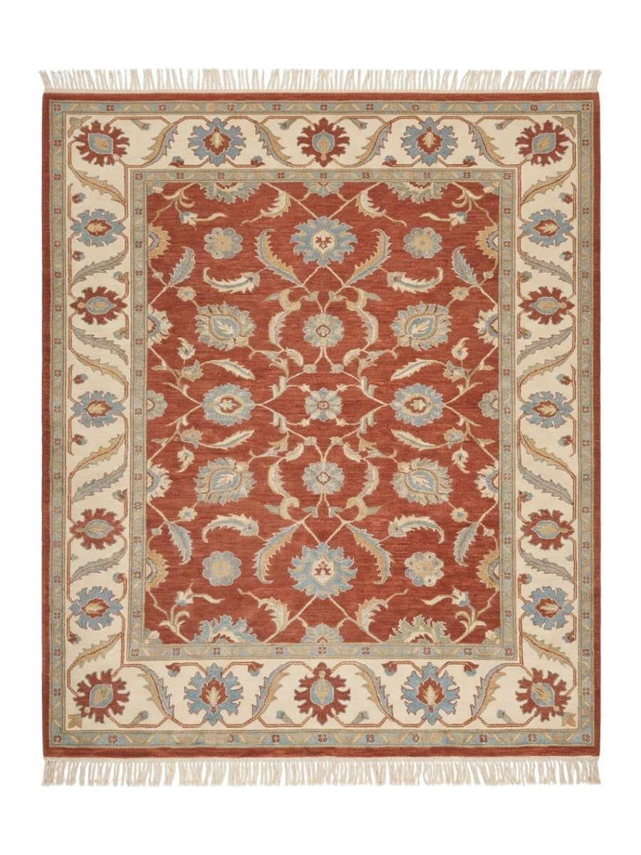Terracotta Oushak Rug with an ivory and blue floral palmette border, intricate all-over motifs, and fringed edges