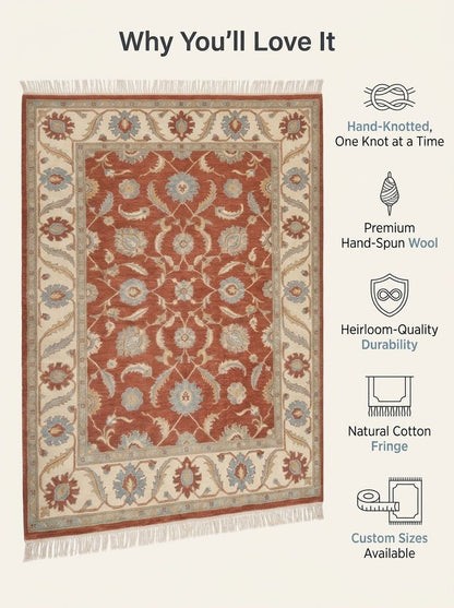 Terracotta Oushak Rug with a terracotta field, ivory floral border, blue palmettes, and fringed edges