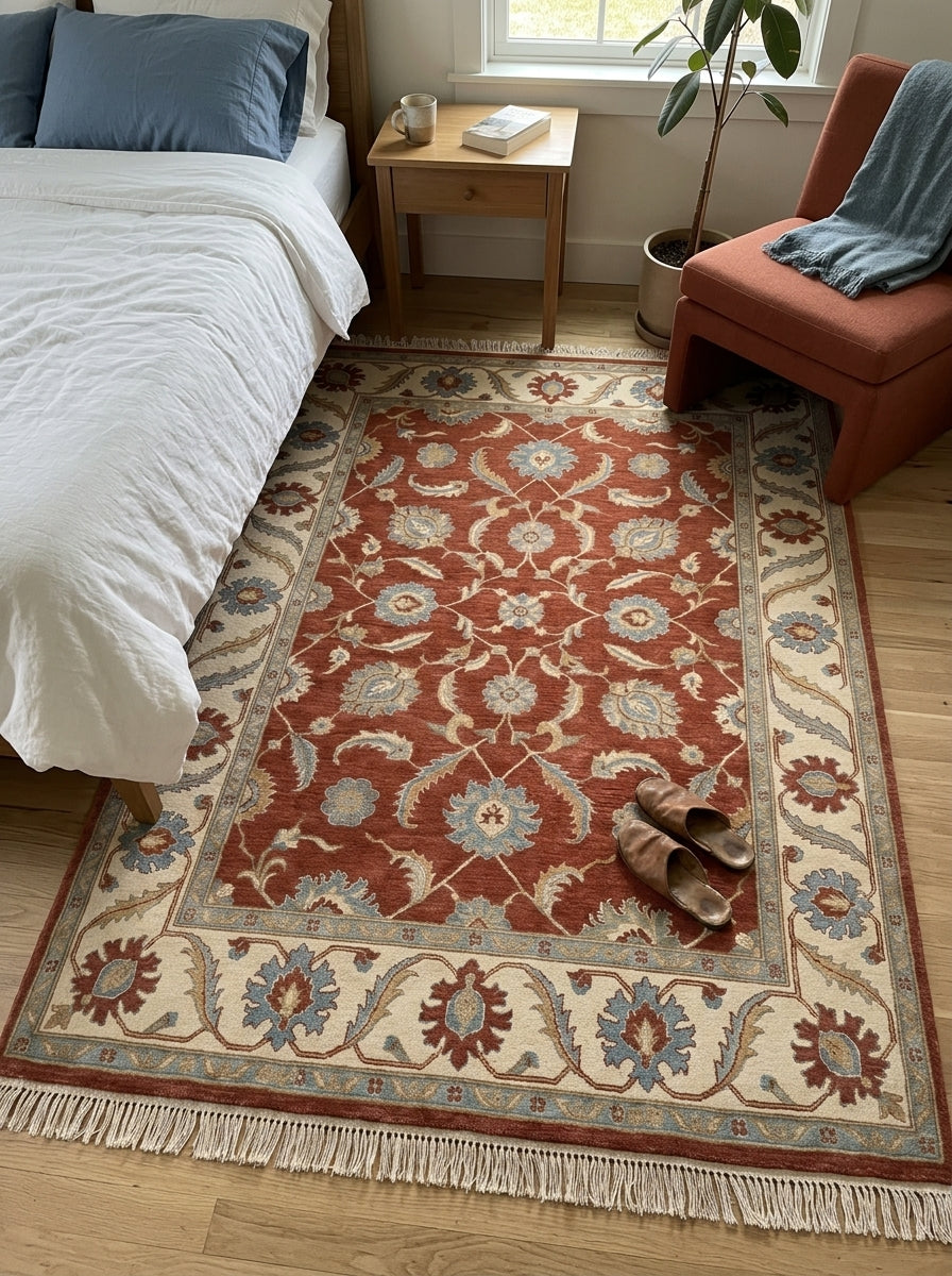 Terracotta Oushak Rug in hand-knotted wool with ivory and blue floral motifs, a wide border and fringe