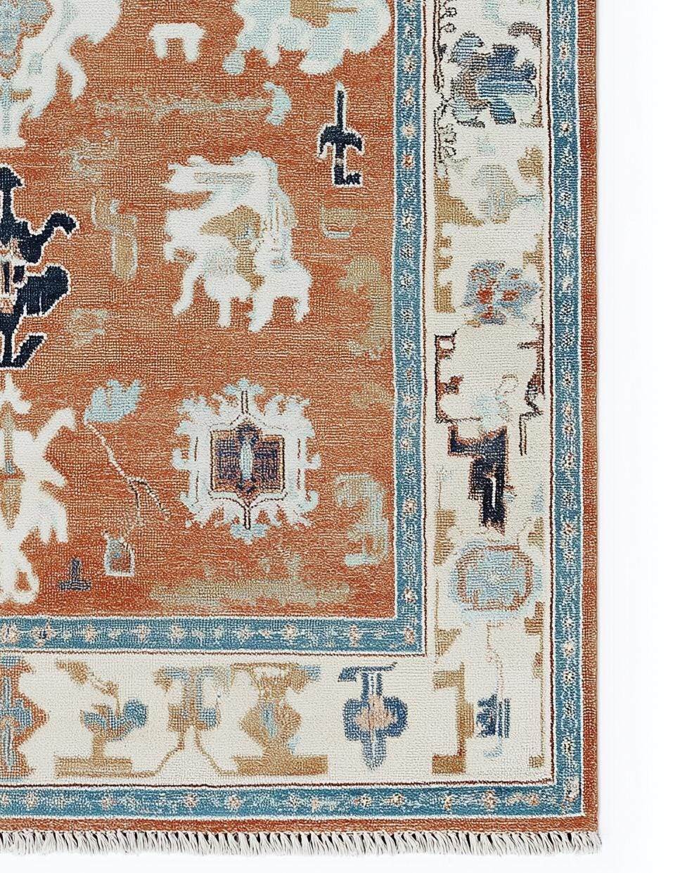 Terracotta Oushak Rug with hand-tufted wool, bold geometric patterns, and southwestern boho design