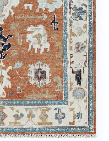 Terracotta Oushak Rug with hand-tufted wool, bold geometric patterns, and southwestern boho design