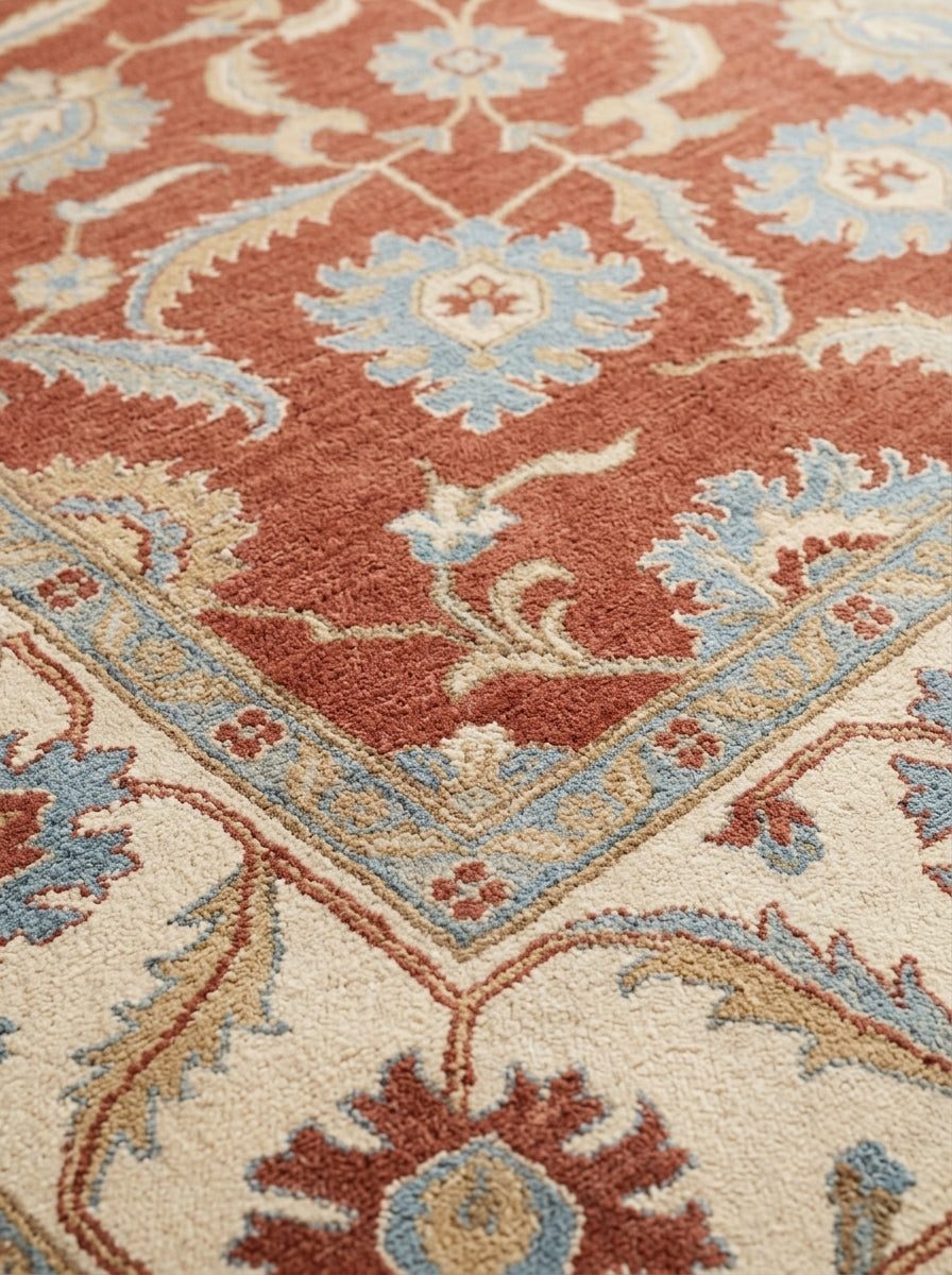 Terracotta Oushak Rug with a hand-knotted wool pile, featuring light blue and ivory floral motifs and a wide ivory border