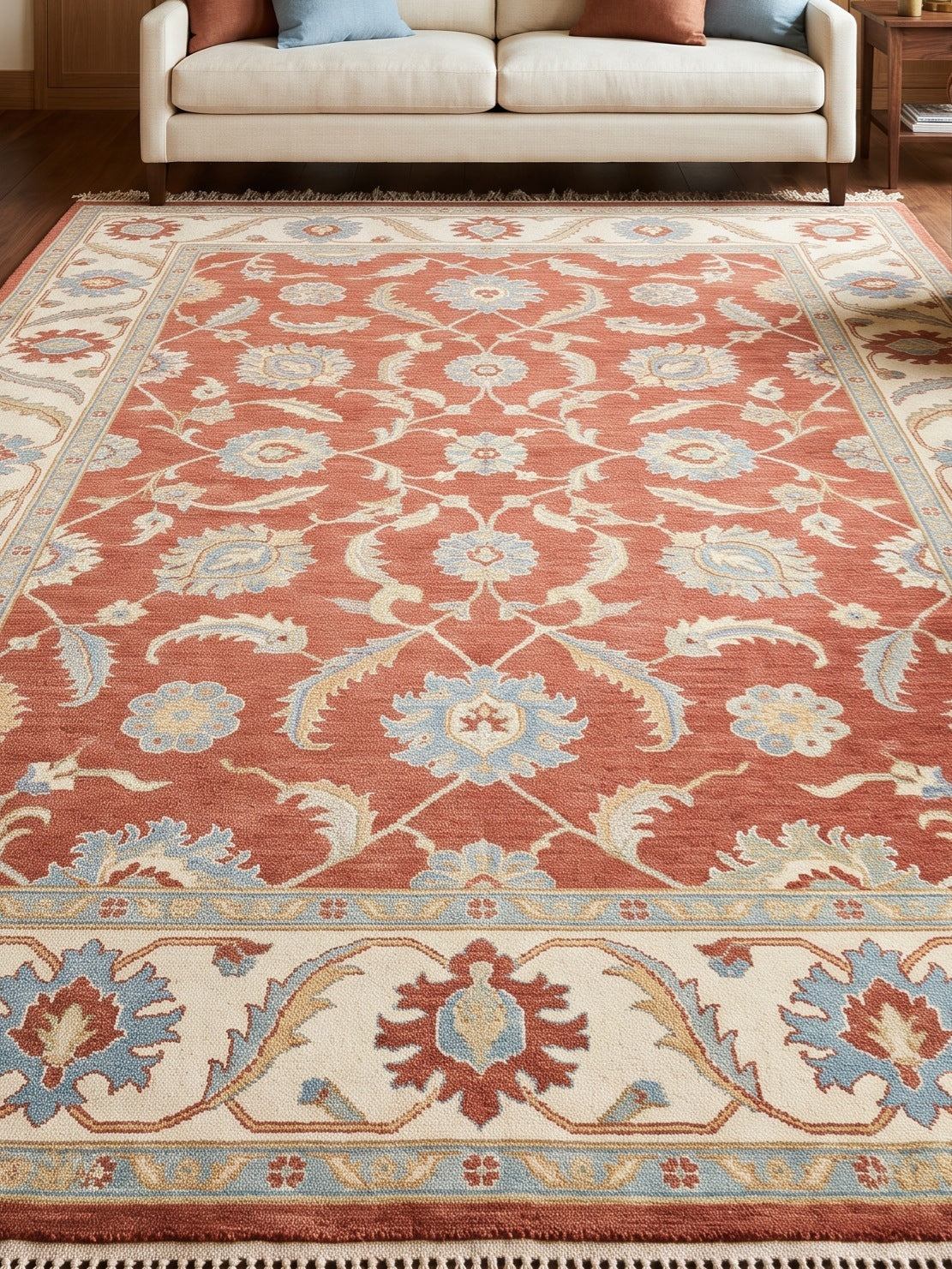 Terracotta Oushak Rug in wool with ivory, light blue and sand floral palmettes, wide ivory border and fringe