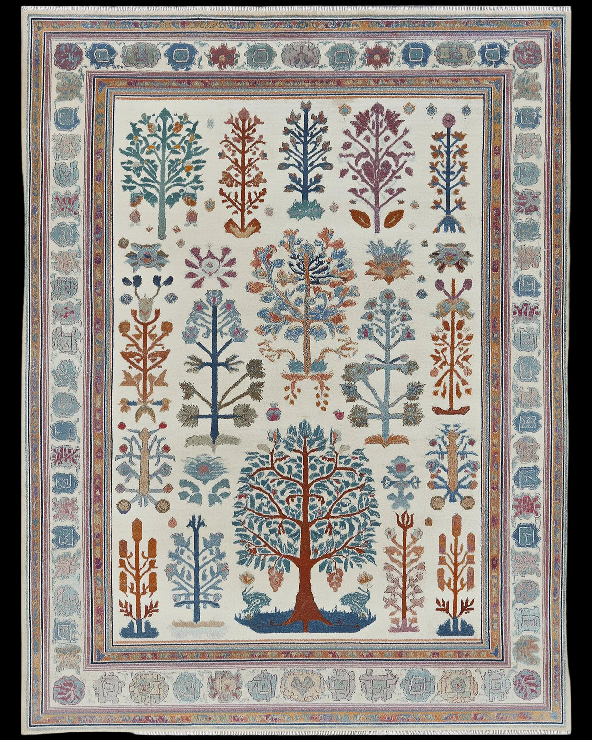 Hand-tufted terracotta Oushak wool rug with geometric Southwestern pattern and bold medallions