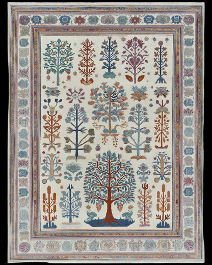 Hand-tufted terracotta Oushak wool rug with geometric Southwestern pattern and bold medallions