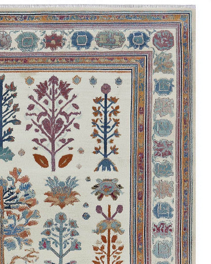 Terracotta Oushak wool rug with geometric Southwestern design and earthy tones