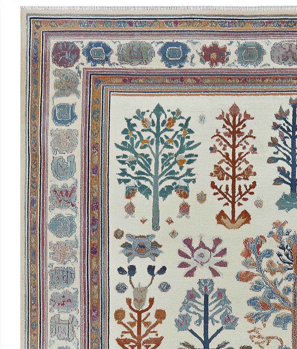 Hand-tufted terracotta Oushak wool rug with geometric Southwestern medallion pattern and earthy color palette