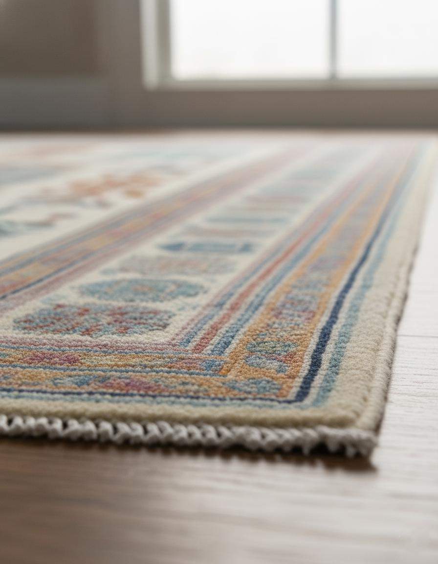 Terracotta Oushak wool rug with geometric Southwestern tribal design and earthy color palette