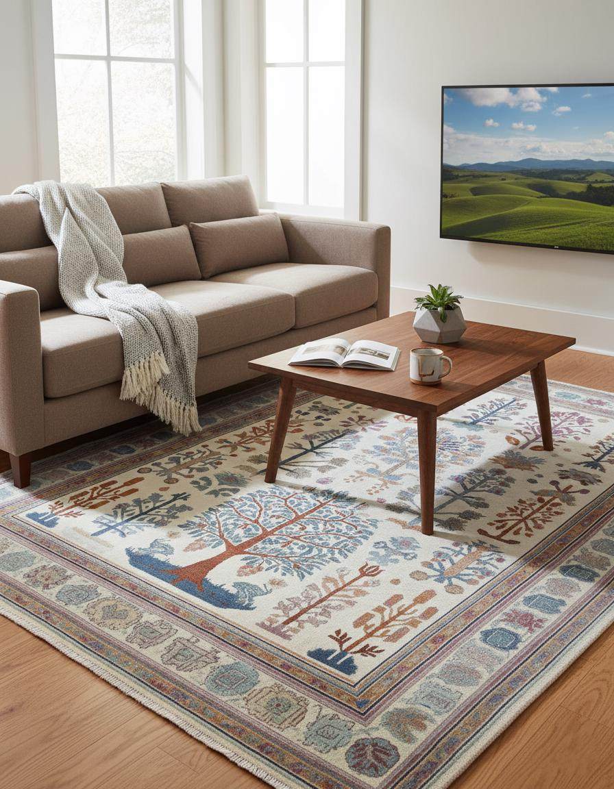 Terracotta Oushak wool rug with geometric Southwestern design and earthy terracotta, navy, and cream colors