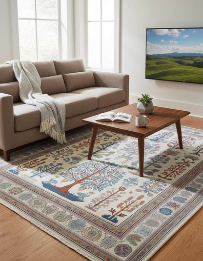 Terracotta Oushak wool rug with geometric Southwestern design and earthy terracotta, navy, and cream colors