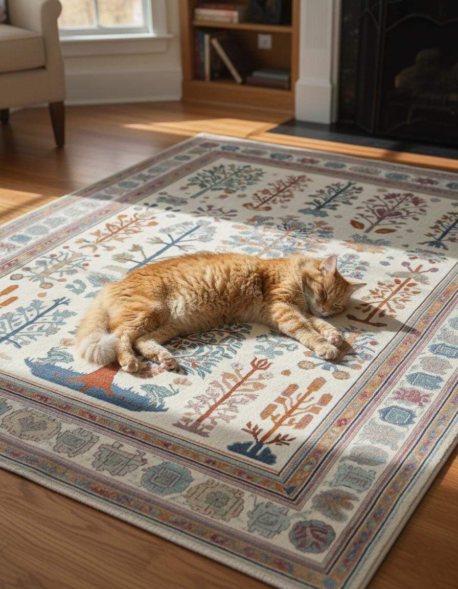 Terracotta Oushak wool rug with geometric Southwestern medallion pattern in warm earthy tones