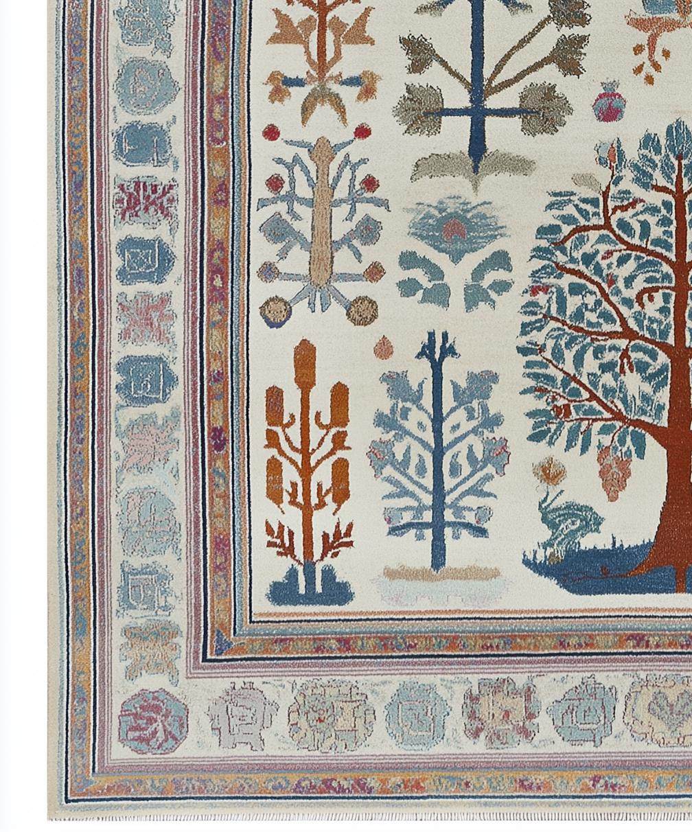 Hand-tufted terracotta Oushak wool rug with geometric Southwestern medallion patterns and rich earthy tones