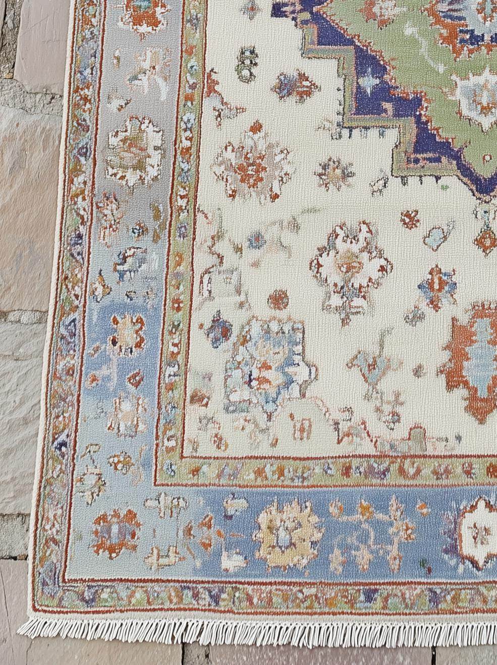 Hand-knotted terracotta Oushak wool rug with light blue floral and geometric patterns