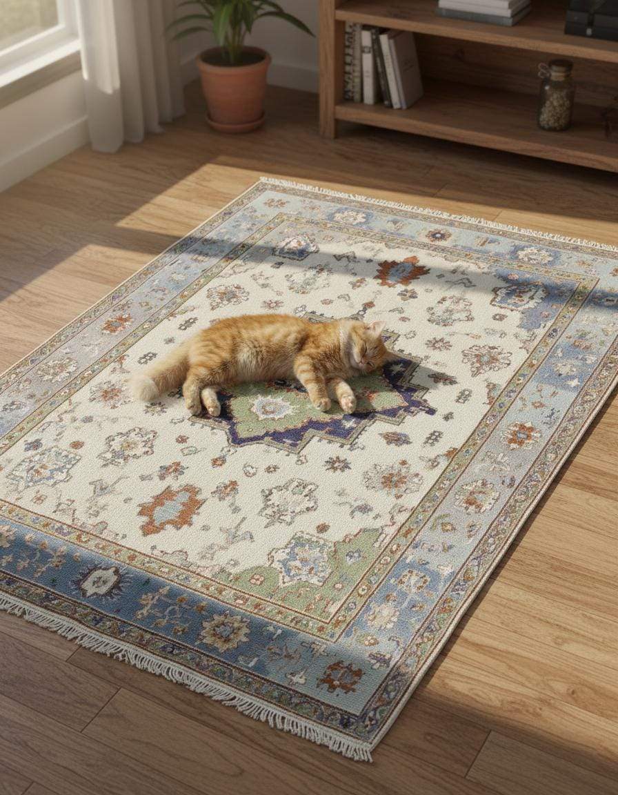 Terracotta Oushak wool rug with light blue floral Oriental design and intricate hand-knotted patterns