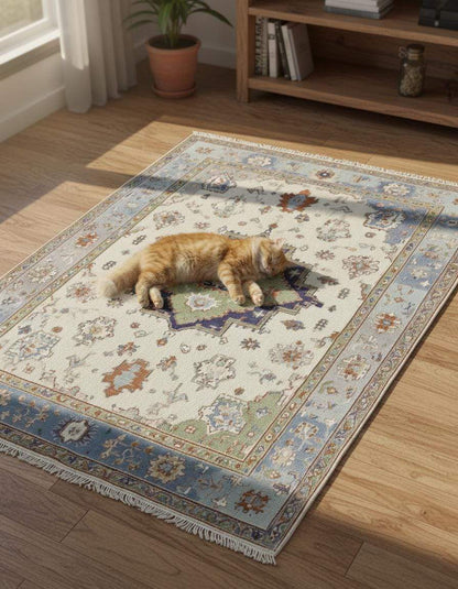 Terracotta Oushak wool rug with light blue floral Oriental design and intricate hand-knotted patterns