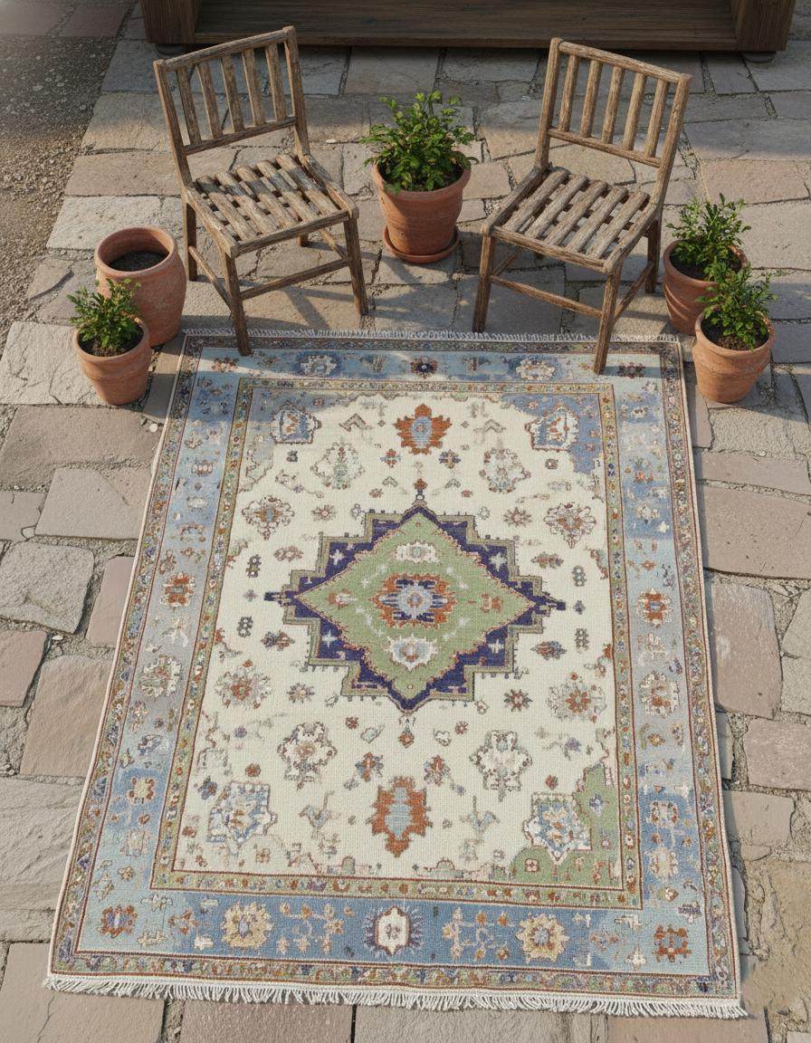 Terracotta Oushak wool rug with light blue floral and geometric patterns, hand-knotted oriental carpet.