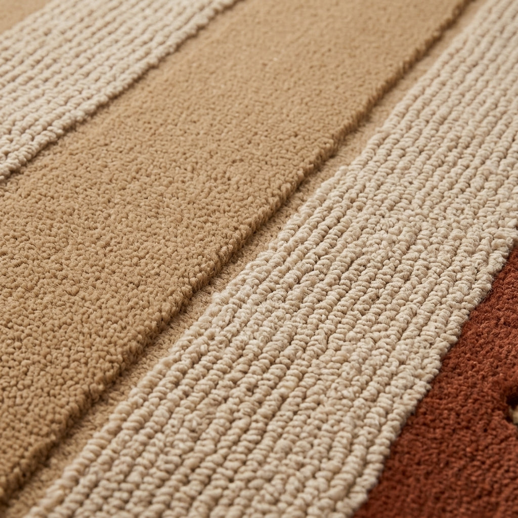 Terracotta & Sand Striped wool rug with plush hand-tufted sand and cream bands and a terracotta border.