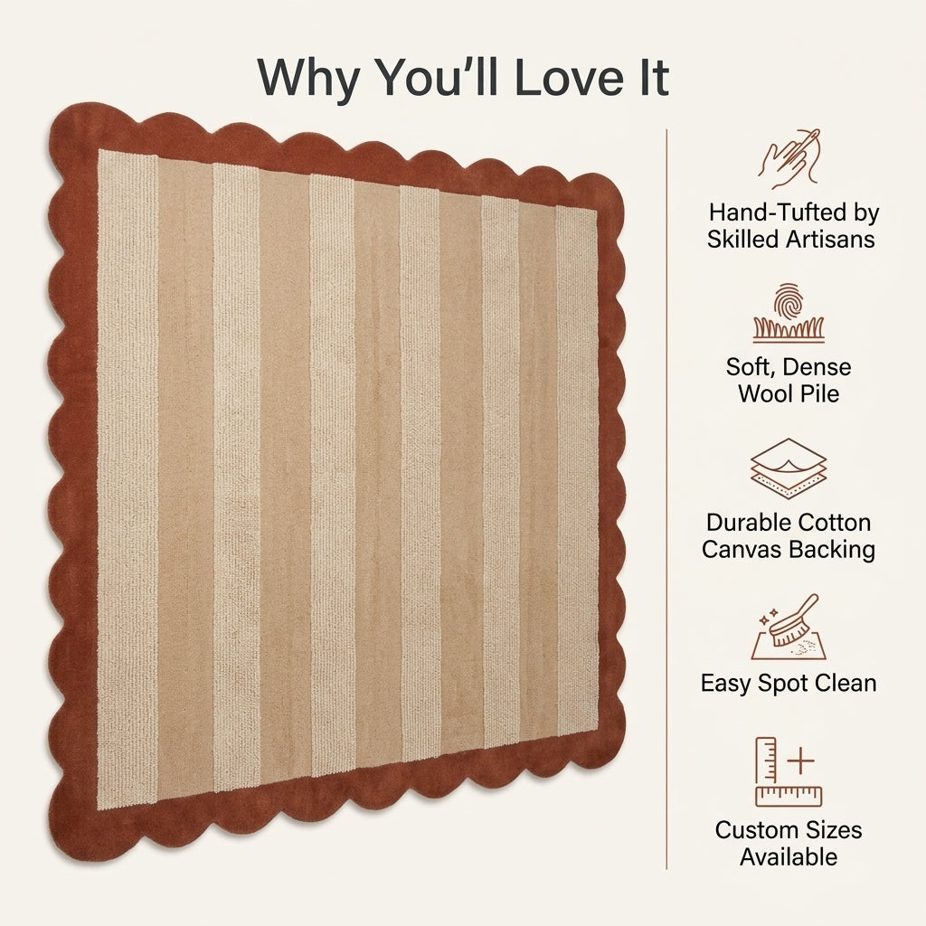 Terracotta & Sand Striped wool rug with alternating beige and cream bands, framed by a rust border and scalloped edges.