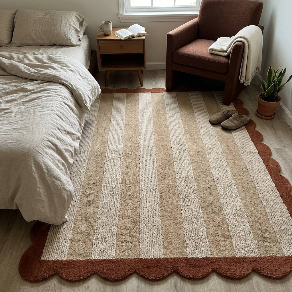 Wool rug with Terracotta & Sand Striped beige and cream bands, textured pile and a rust terracotta scalloped border.