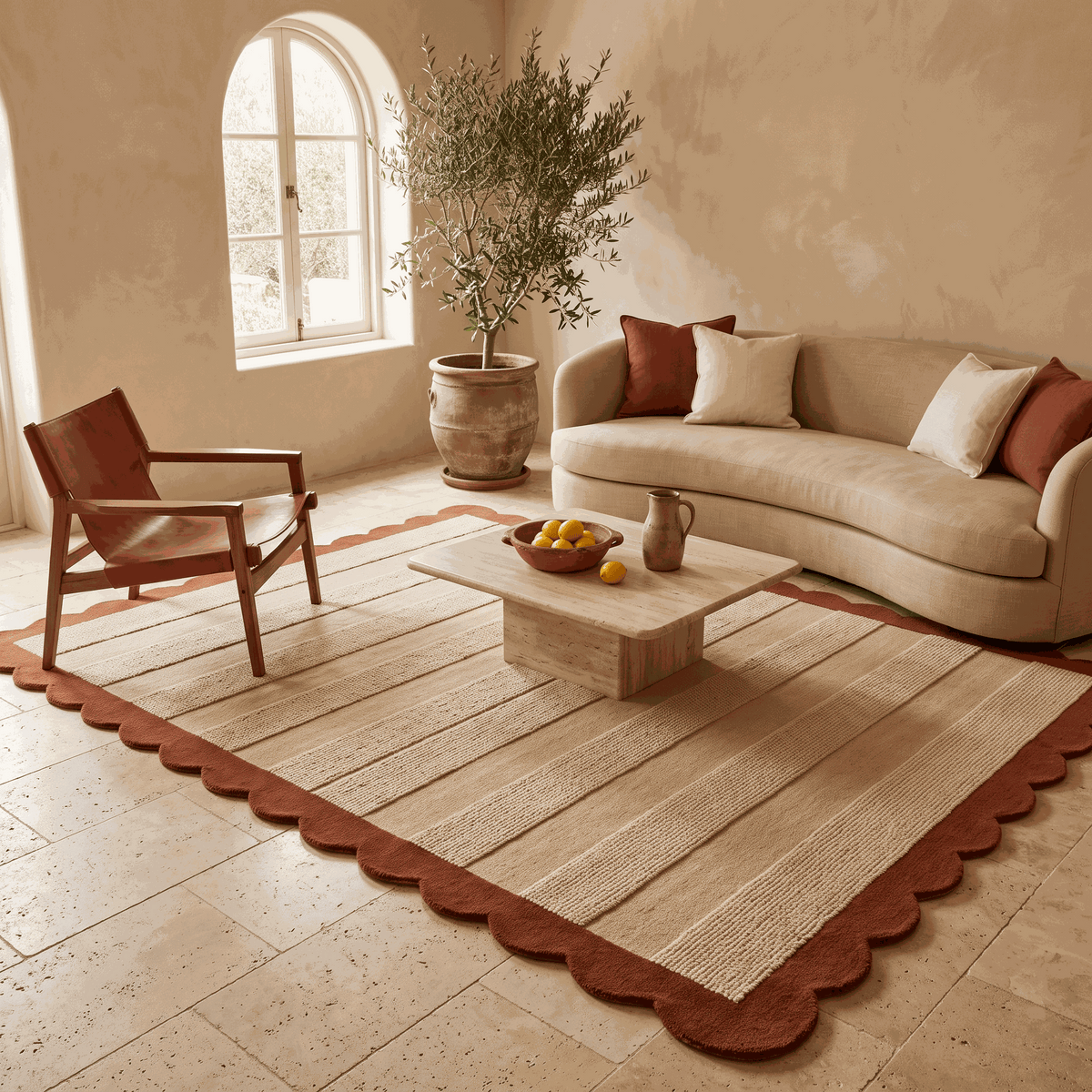 Terracotta & Sand Striped wool rug with textured beige bands and a rust terracotta border, finished with scalloped edges.