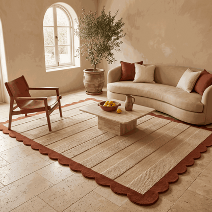 Terracotta & Sand Striped wool rug with textured beige bands and a rust terracotta border, finished with scalloped edges.