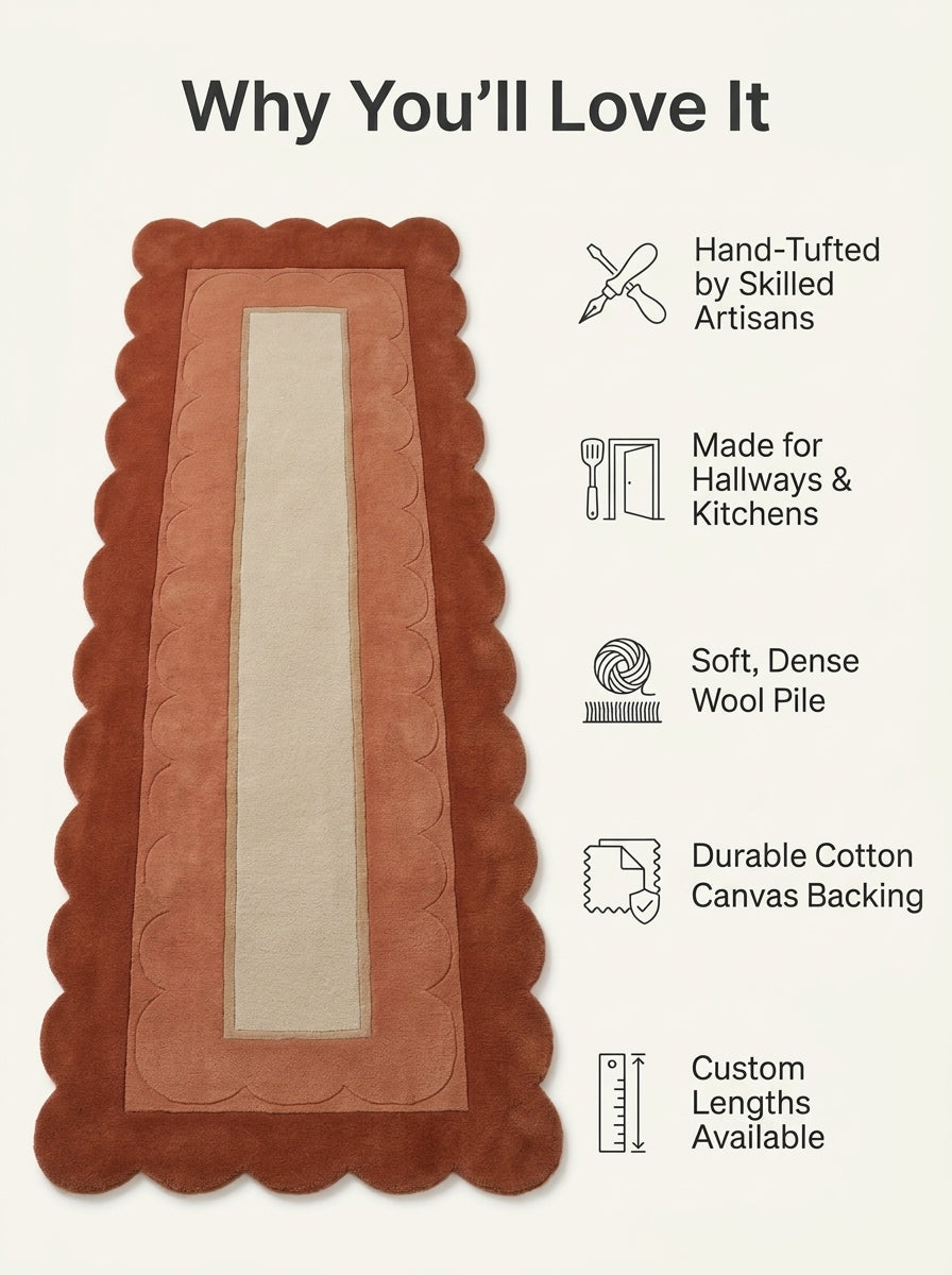 Terracotta Scalloped Runner Rug in rust and terracotta wool, with a sand centre panel and carved scalloped borders.