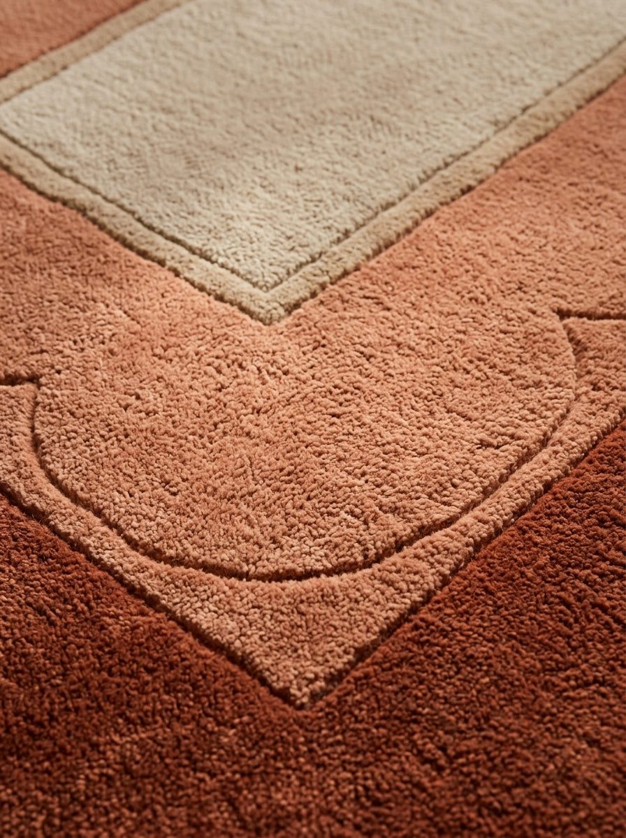 Terracotta Scalloped Runner Rug in textured wool, with a sand centre, layered rust tones and carved scalloped borders