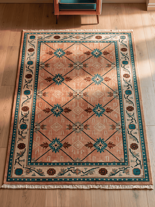 Terracotta Teal Trellis Hand Knotted Wool Area Rug with coral field, teal star medallions, rust motifs and ivory floral border