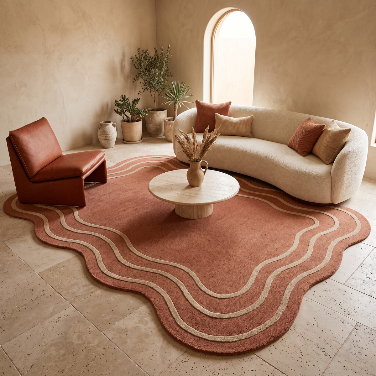Terracotta Wavy Rug in rust with cream wavy lines and an irregular rippled edge, styled in a living room