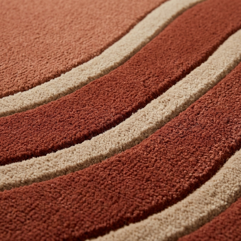 Terracotta Wavy Rug with plush rust-toned wool pile and raised cream wave lines in a flowing pattern
