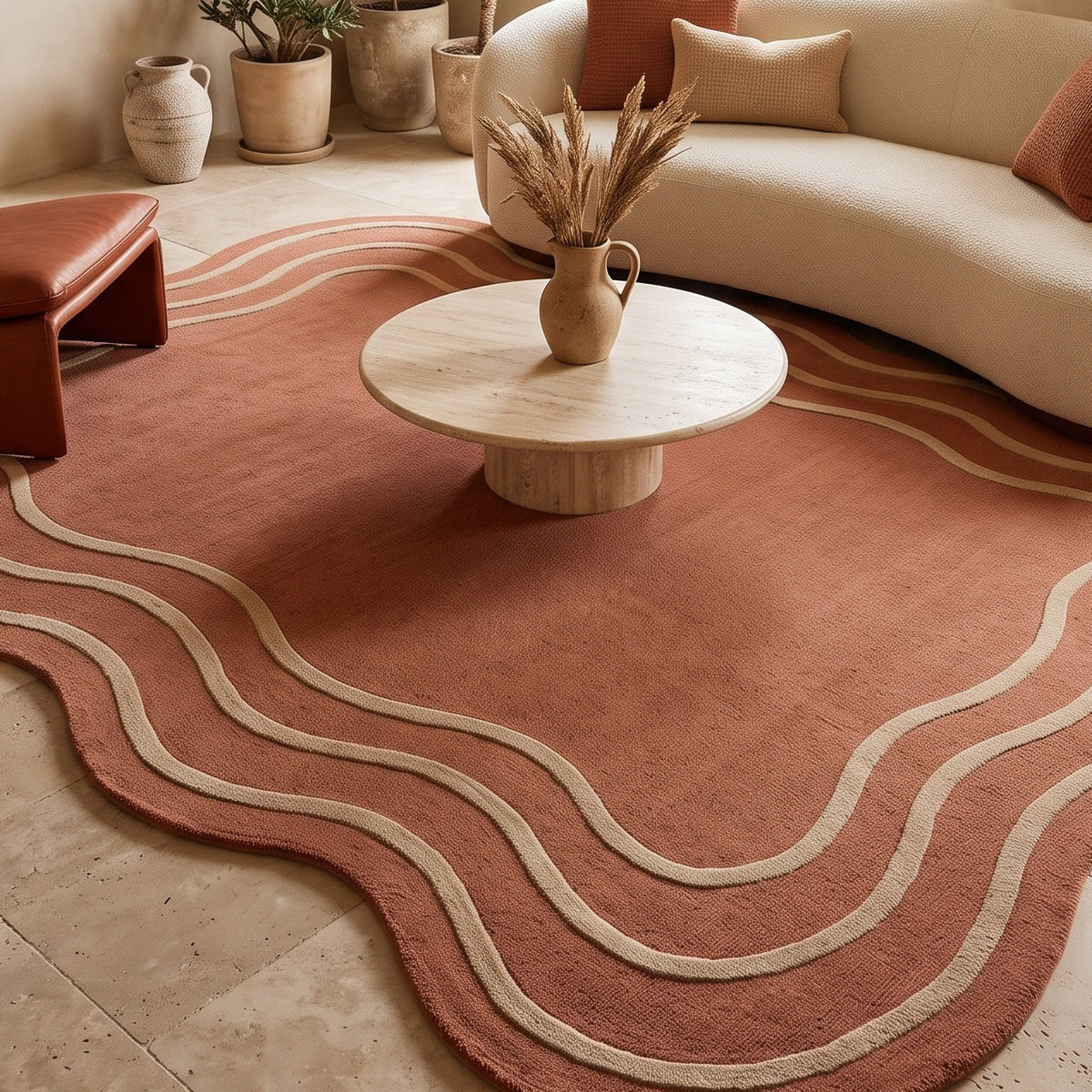 Terracotta Wavy Rug in rust-toned wool with an irregular rippled edge and raised cream wave lines