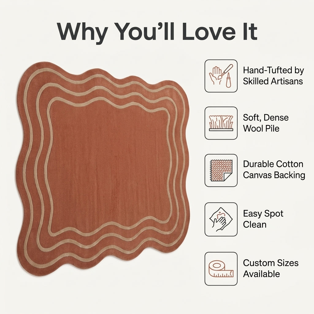 Terracotta Wavy Rug in rust-toned wool with an irregular rippled outline and nested cream wavy lines