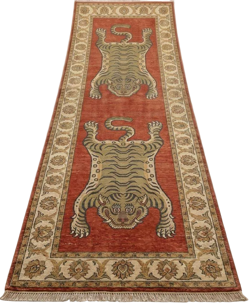 Tiger Runner Rug Hand Knotted Wool Carpet, Tibetan Inspired Hallway Rug, Statement Home Decor