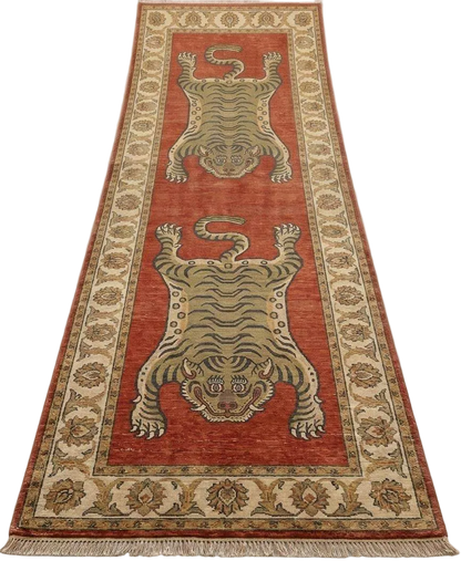 Tiger Runner Rug Hand Knotted Wool Carpet, Tibetan Inspired Hallway Rug, Statement Home Decor