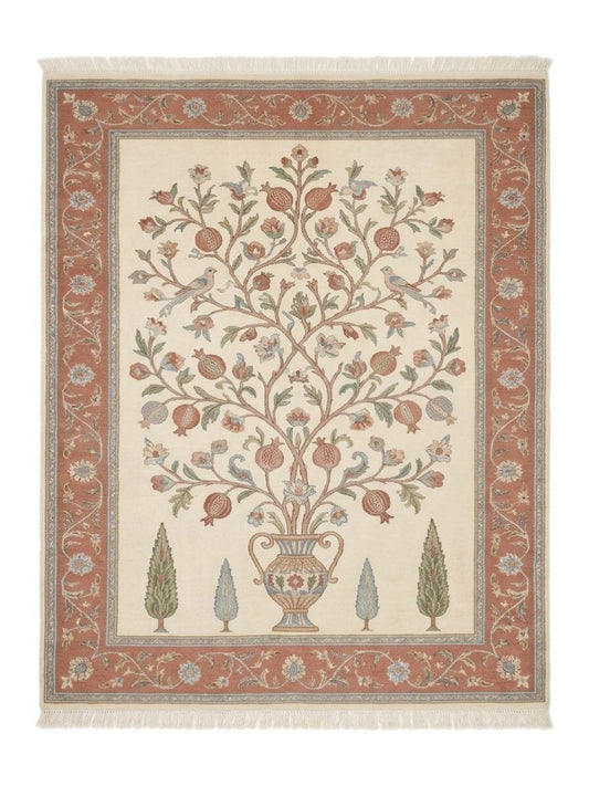 Tree of Life Rug in ivory and terracotta wool, with a pomegranate tree, birds, vase, cypress trees and floral border