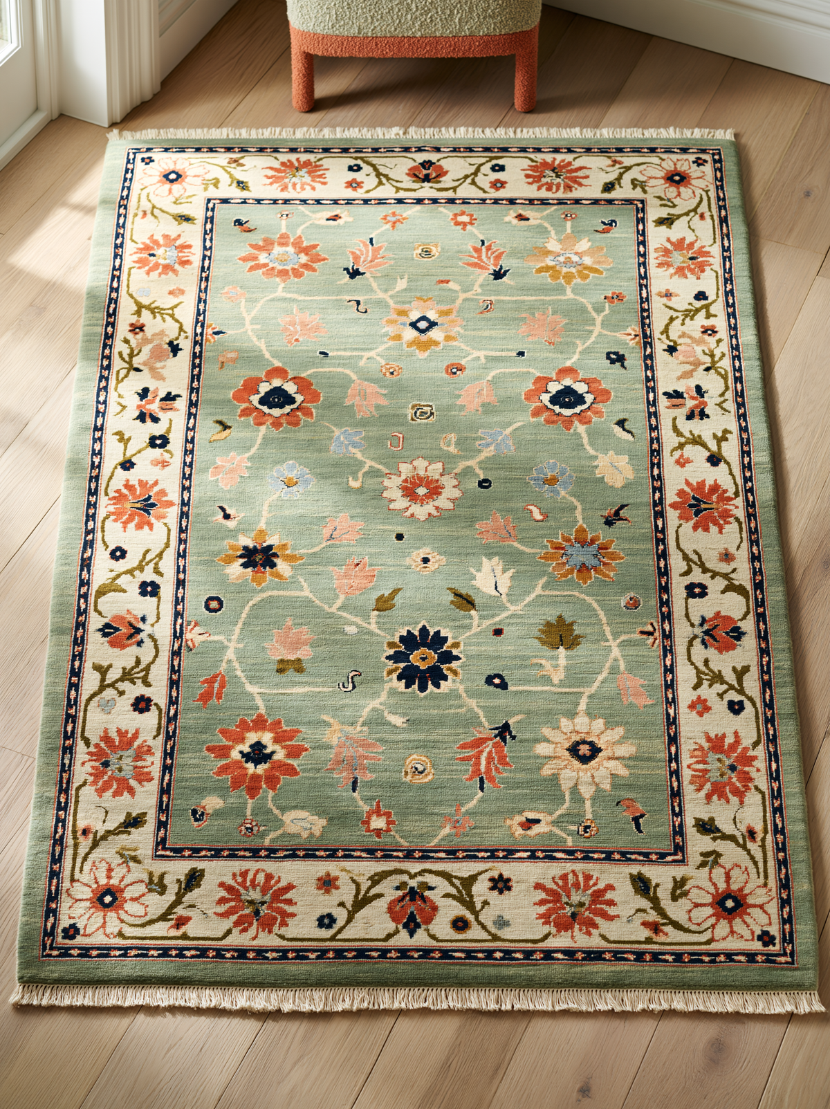 Oushak Hand Knotted Rug in mint green wool, with coral and navy floral vines, an ivory floral border, and fringed ends.