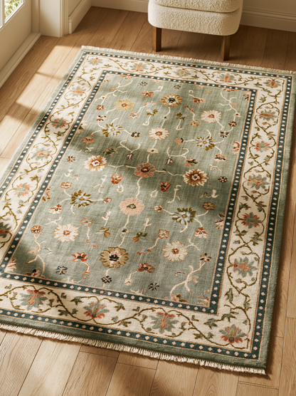 Oushak Hand Knotted Rug in muted sage wool, with scattered floral vines, an ivory botanical border and deep teal guard bands.