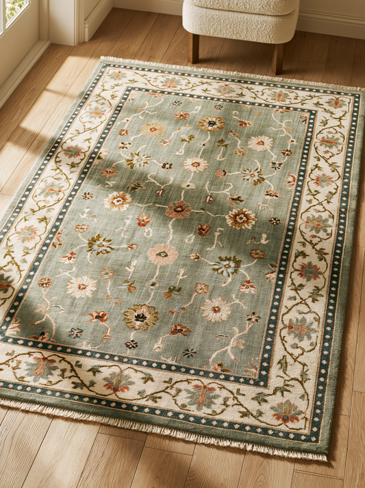 Oushak Hand Knotted Rug in muted sage wool, with scattered floral vines, an ivory botanical border and deep teal guard bands.