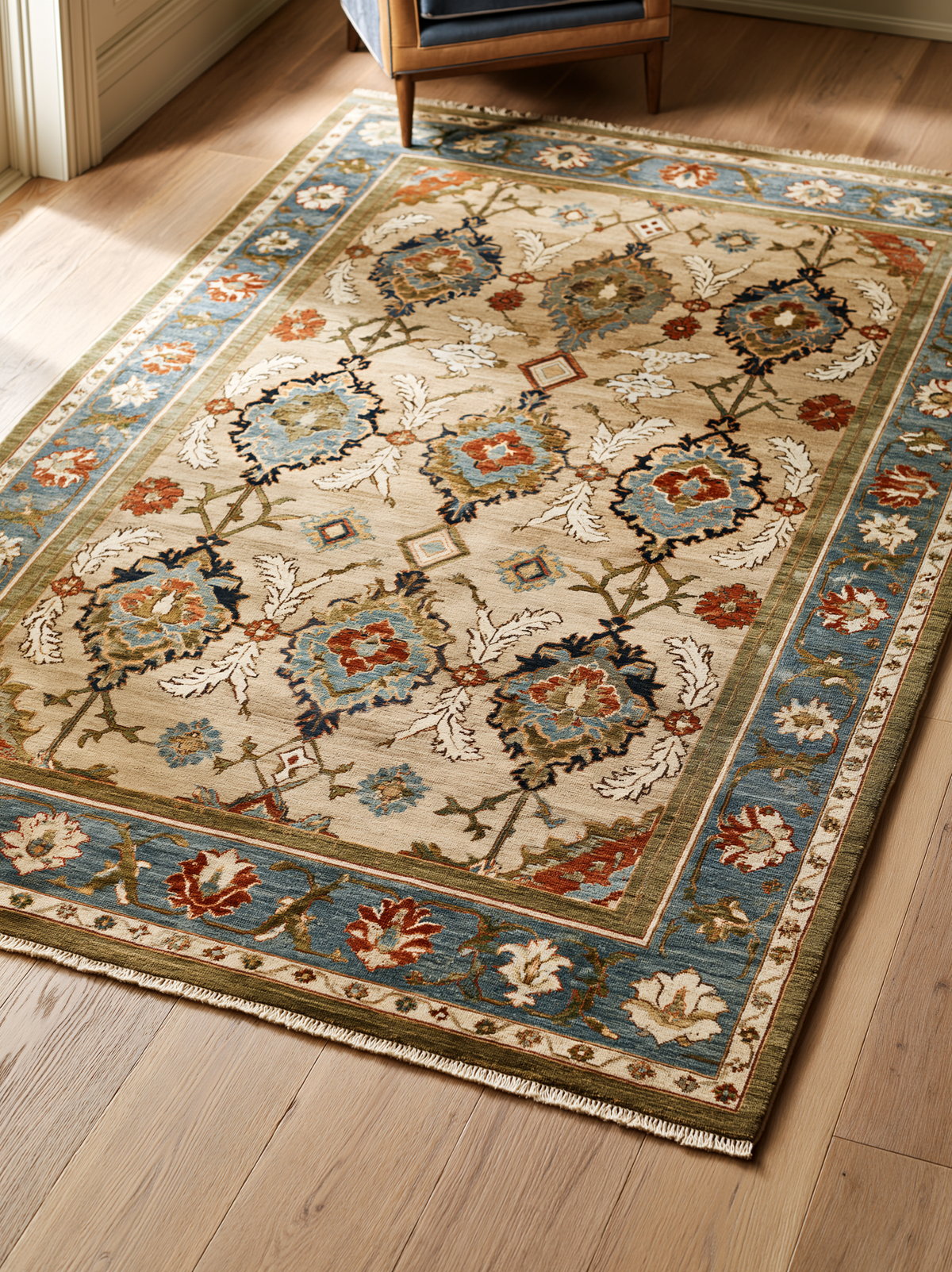 Oushak Hand Knotted Rug in camel beige wool, with a floral lattice, slate blue border, rust accents, and fringed ends.