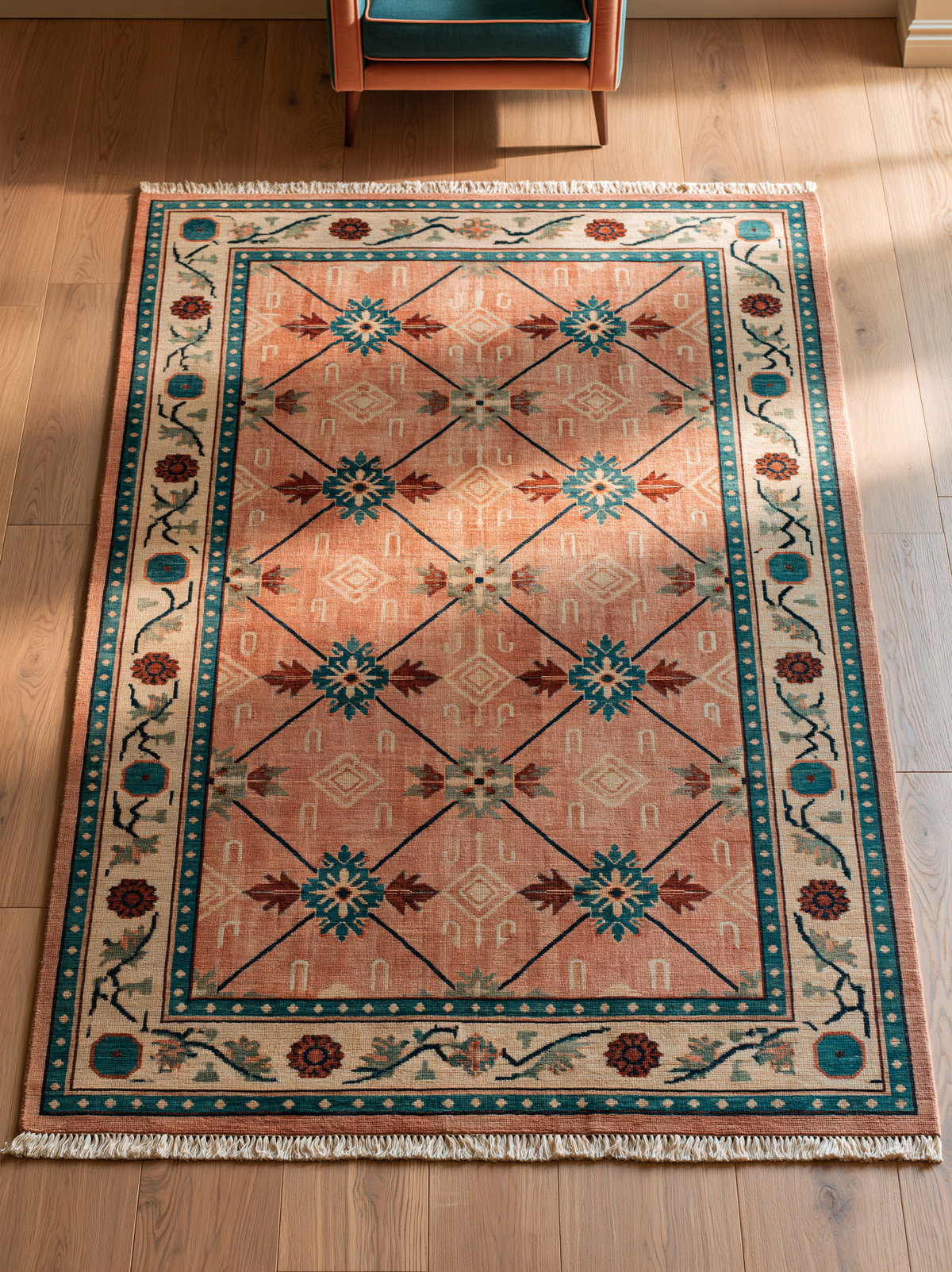 Terracotta Teal Trellis Hand Knotted Wool Area Rug in faded coral wool, with teal star medallions, diagonal trellis and ivory floral border.