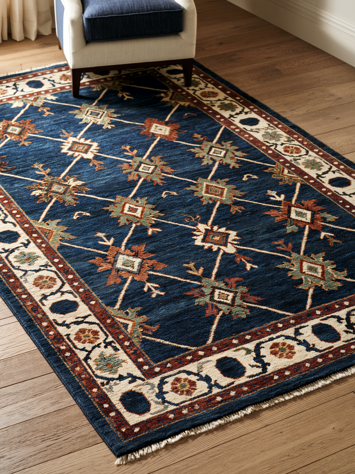 Oushak Hand Knotted Rug in navy wool with an ivory diagonal trellis, rust and sage geometric stars, and floral border.