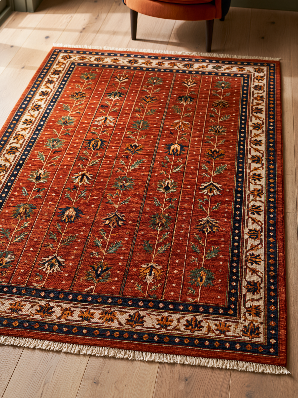Oushak Hand Knotted Rug in rust red wool, with vertical floral stems, an ivory botanical border and navy guard bands.