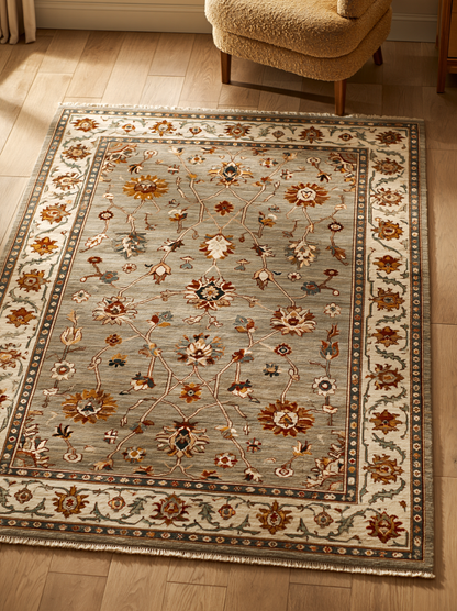 Oushak Hand Knotted Rug in sage gray wool, with rust, gold and ivory florals and a wide ivory border.
