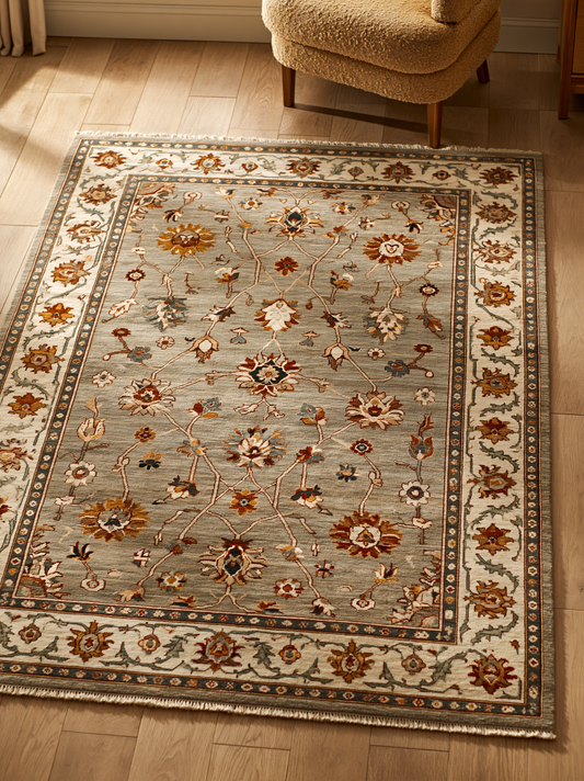 Oushak Hand Knotted Rug in sage gray wool, with rust, gold and ivory florals and a wide ivory border.