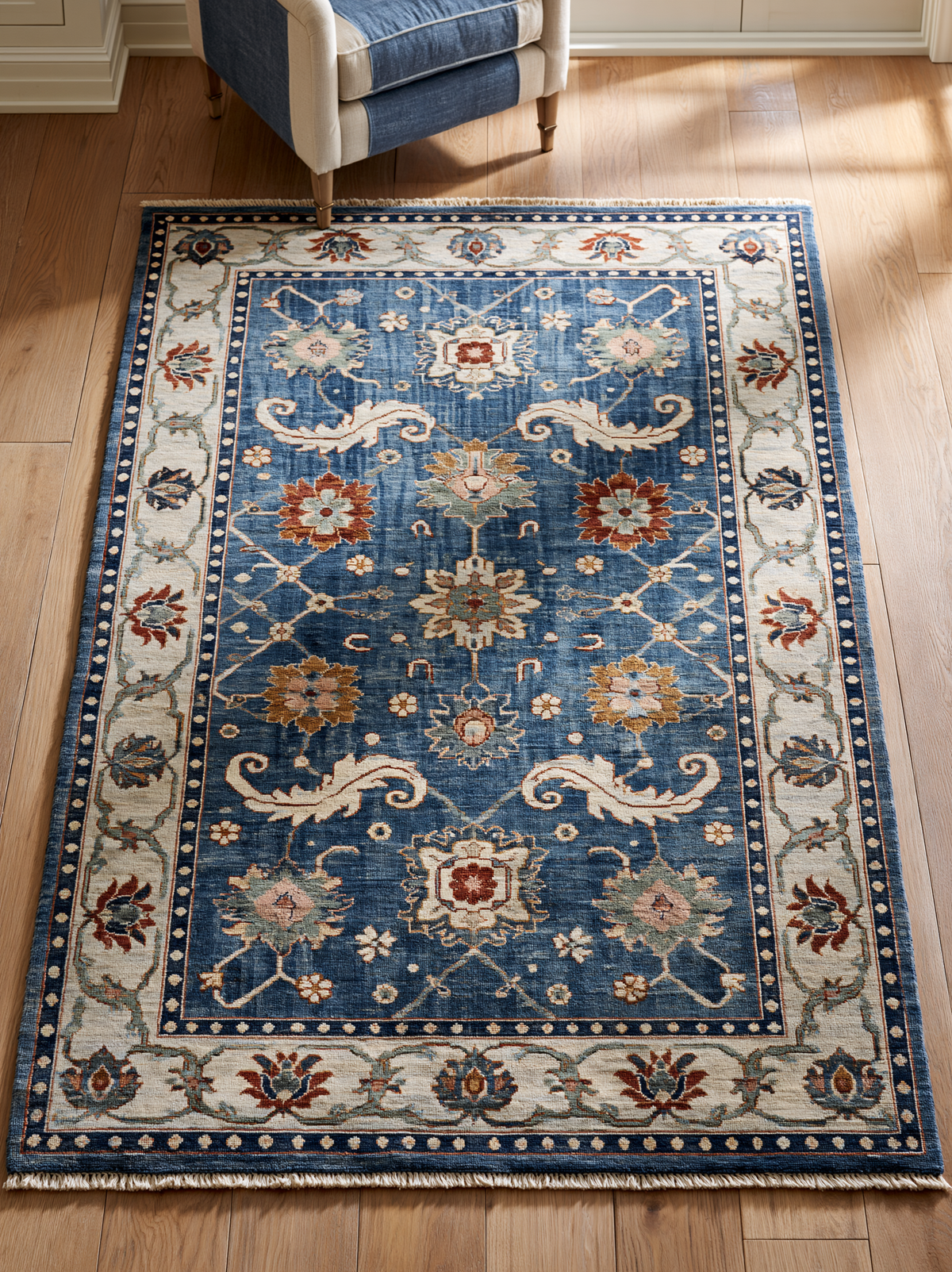 Oushak Hand Knotted Rug in blue wool with ivory floral border, rust and sage flowers, scrolling leaf motifs and fringe.
