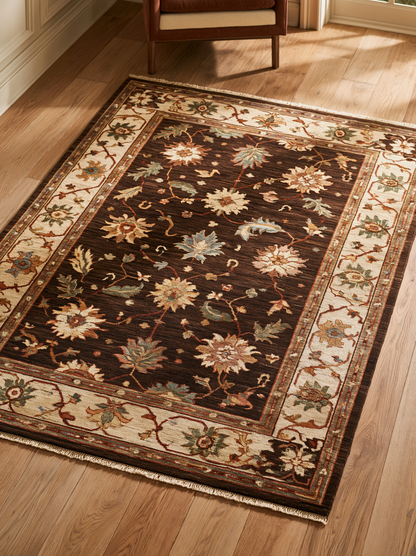 Oushak Hand Knotted Rug in espresso brown wool with scattered floral motifs, beige border, rust vines and fringe edges.