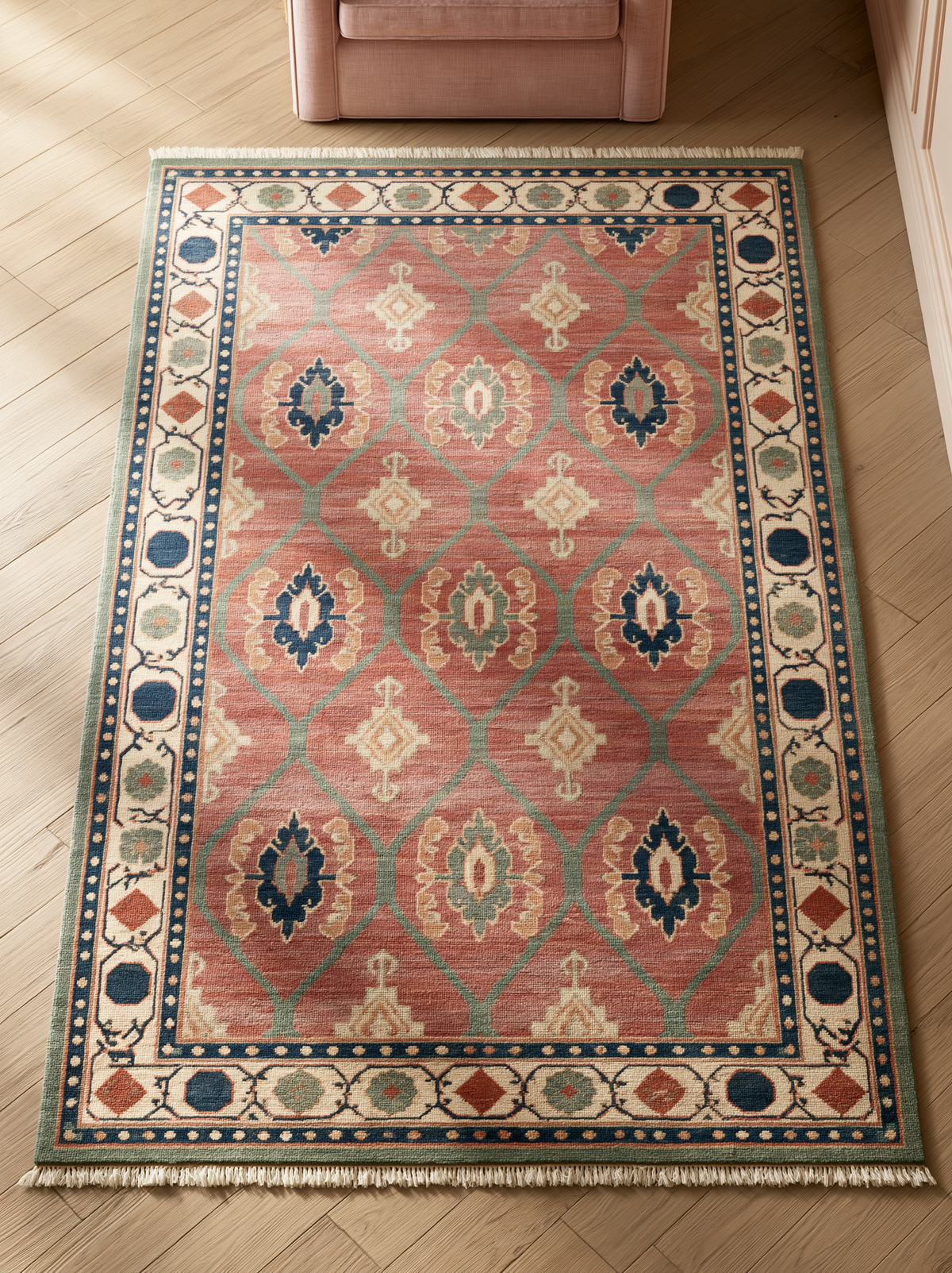 Oushak Hand Knotted Rug in coral pink wool, with sage lattice, navy and ivory medallions, and a patterned border.