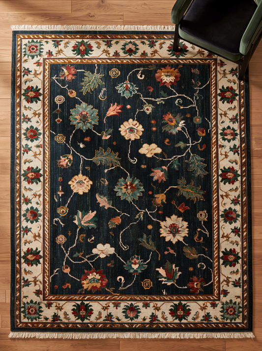 Oushak Hand Knotted Rug in deep midnight blue wool, with multicoloured floral vines, ivory palmette border and fringe.