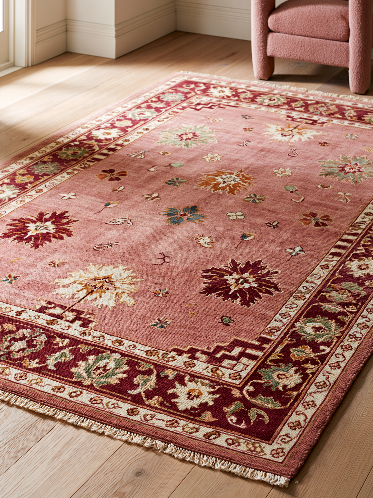 Oushak Hand Knotted Rug in dusty rose wool, with scattered multicoloured florals, a deep burgundy floral border and fringe.